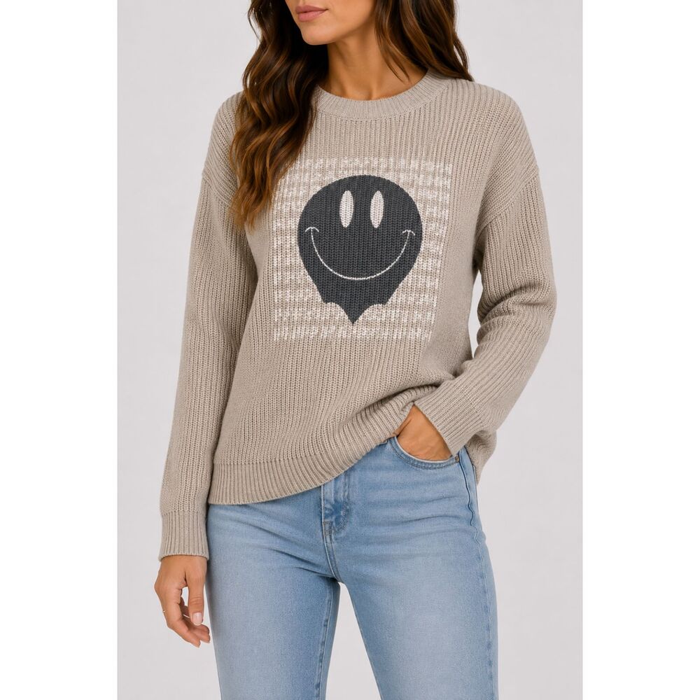 Venti6 Smiley Face Knit Sweater Beige Oversized Women's Large